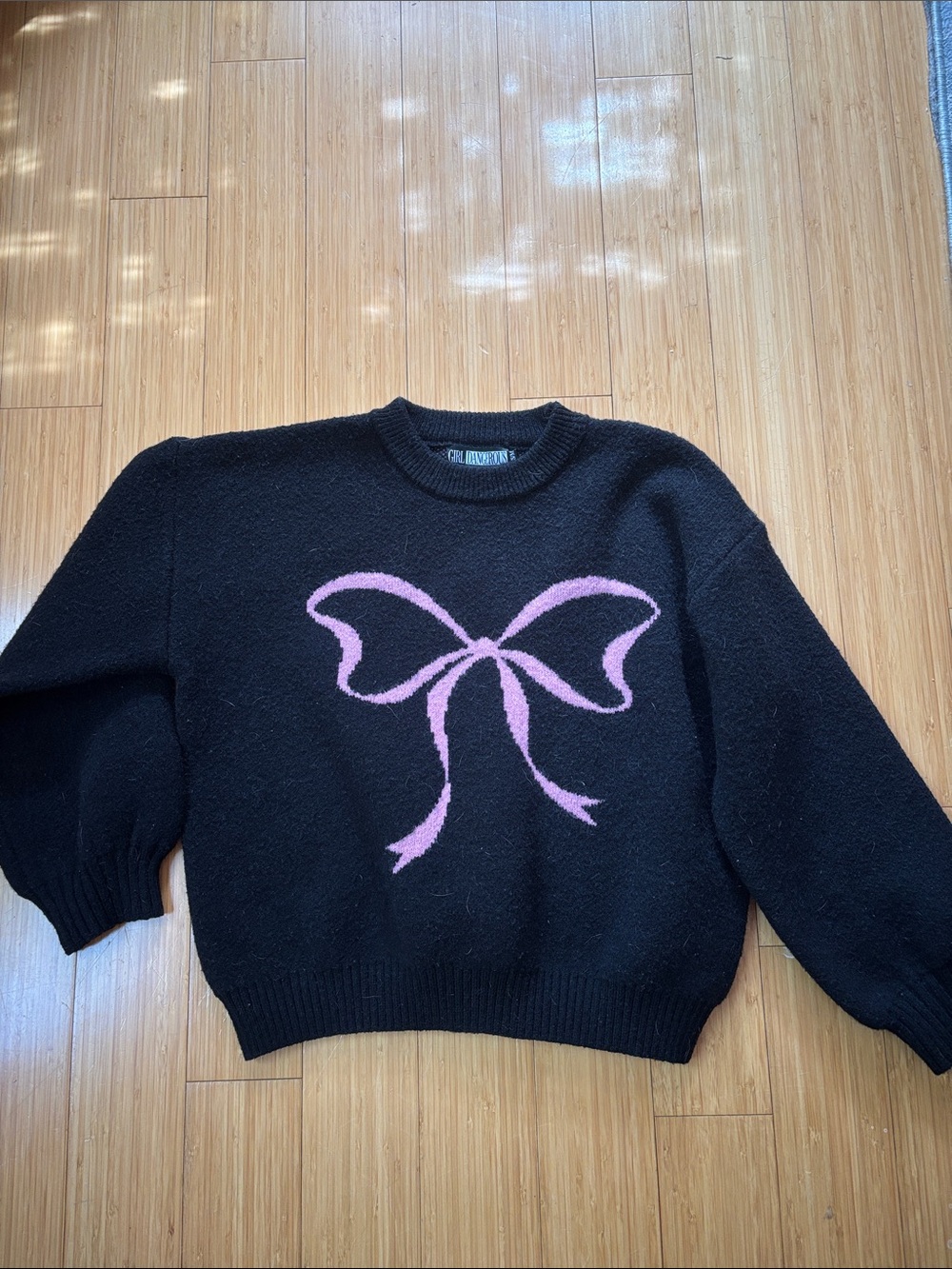 Black Crewneck Sweater with Pink Bow Motif - Women's Cozy Pullover